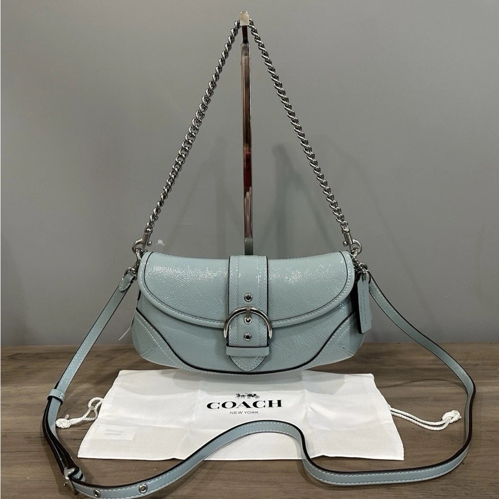 COACH CAN43 Soho Bag 25 Shoulder/Crossbody Crinkle Patent Leather Light Blue - Picture 3 of 14